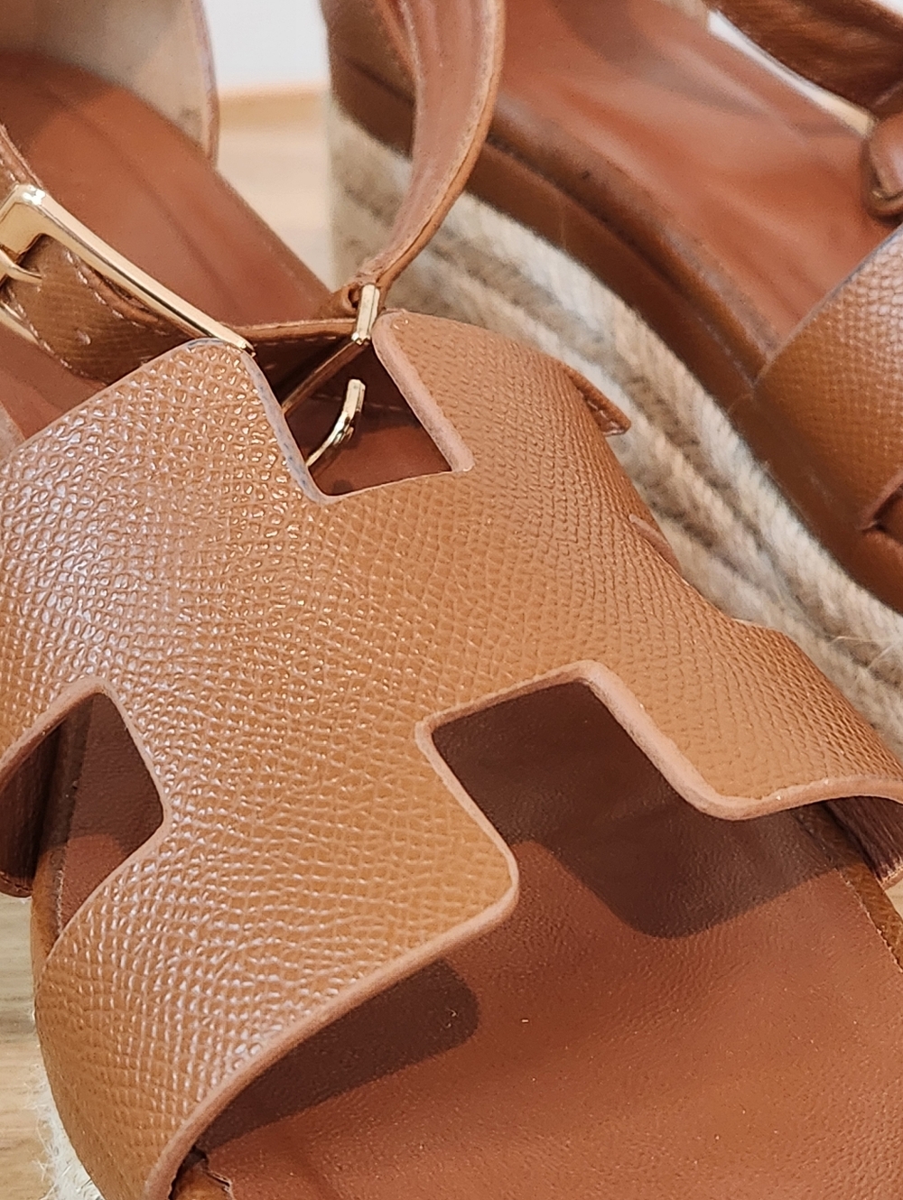 Hermes Elda Tan Leather Platform Espadrille Wedge Strap Heels Size 39 / 8-8.5 - Picture 8 of 11